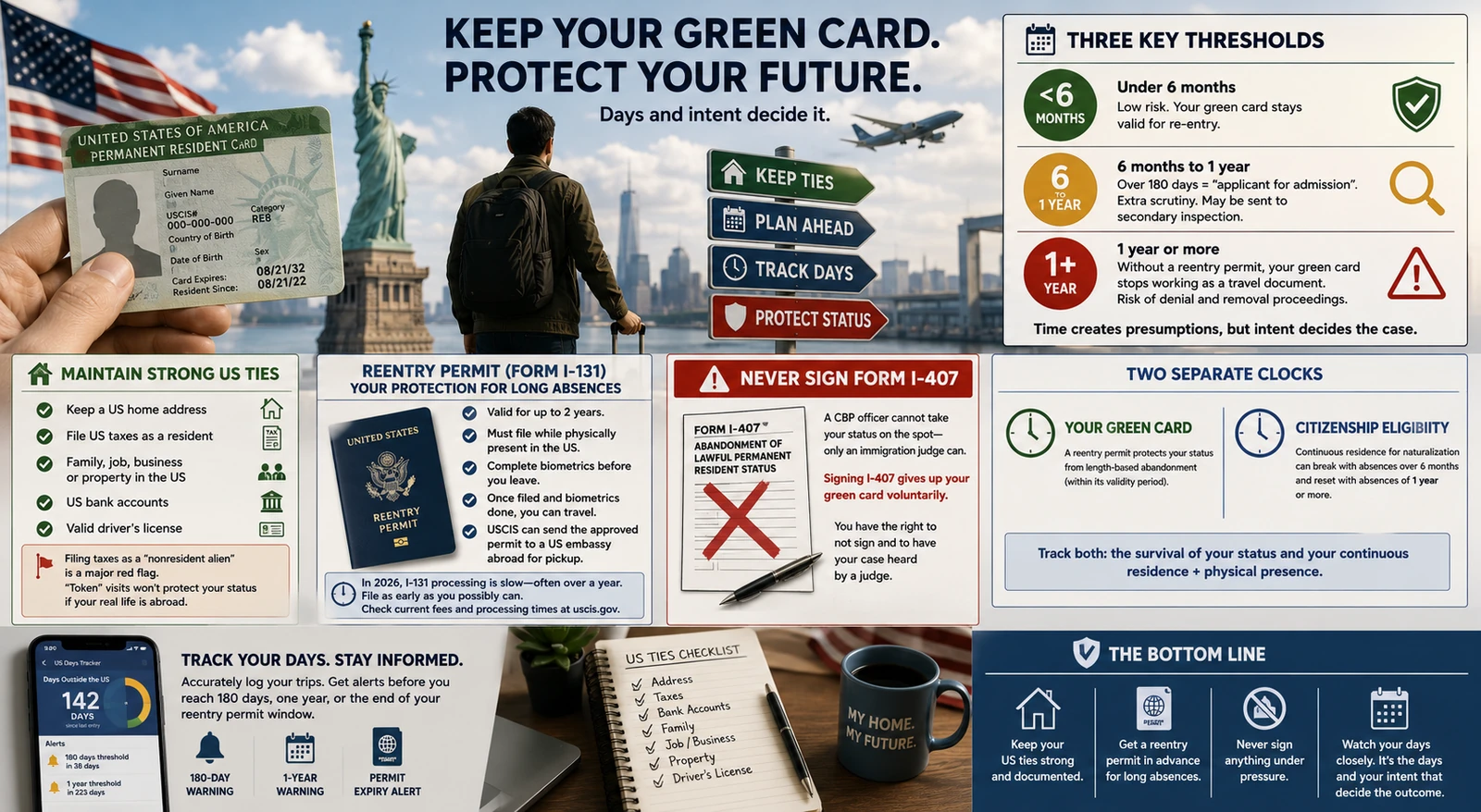 Infographic: how to keep your green card while living abroad — 180-day and 1-year absence thresholds, reentry permit, and US ties