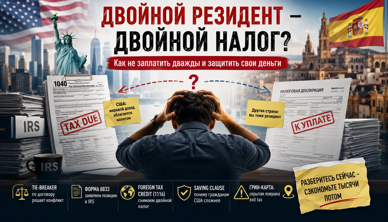 Инфографика: двойное налоговое резидентство США 2026 — лестница tie-breaker (постоянное жильё → центр жизненных интересов → обычное место пребывания → гражданство), форма 8833, foreign tax credit, оговорка saving clause