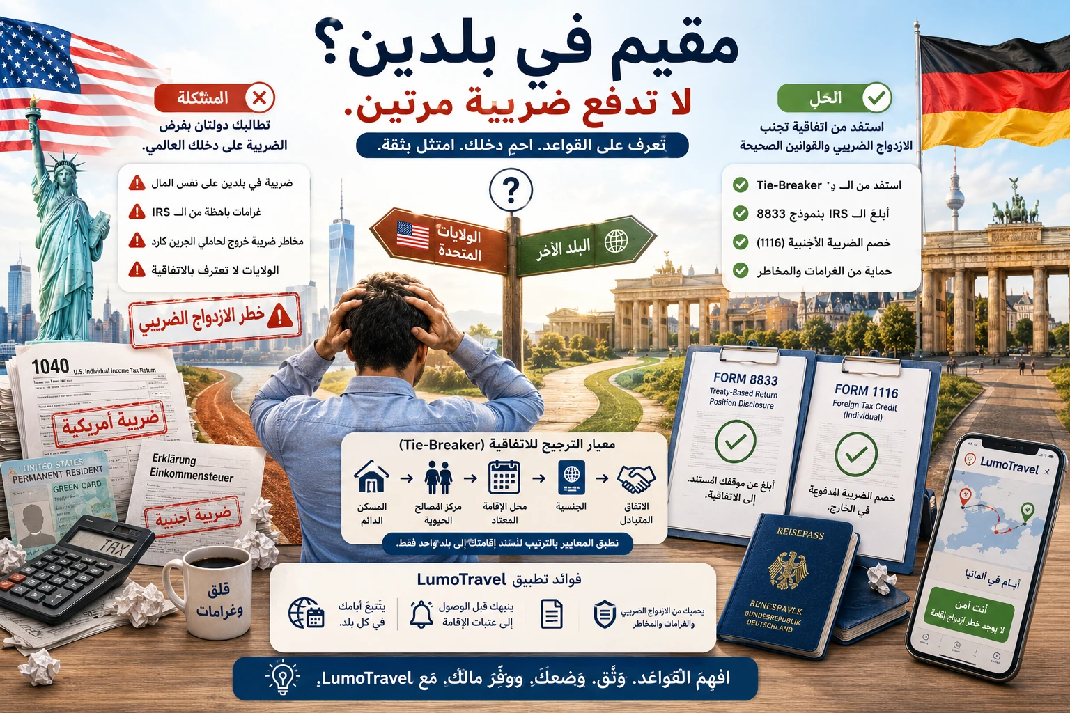 إنفوجرافيك: ازدواج الإقامة الضريبية الأمريكية 2026 — سُلّم معيار الترجيح (المسكن الدائم ← مركز المصالح الحيوية ← محلّ الإقامة المعتاد ← الجنسية)، نموذج 8833، خصم الضريبة الأجنبية، وبند الحفظ