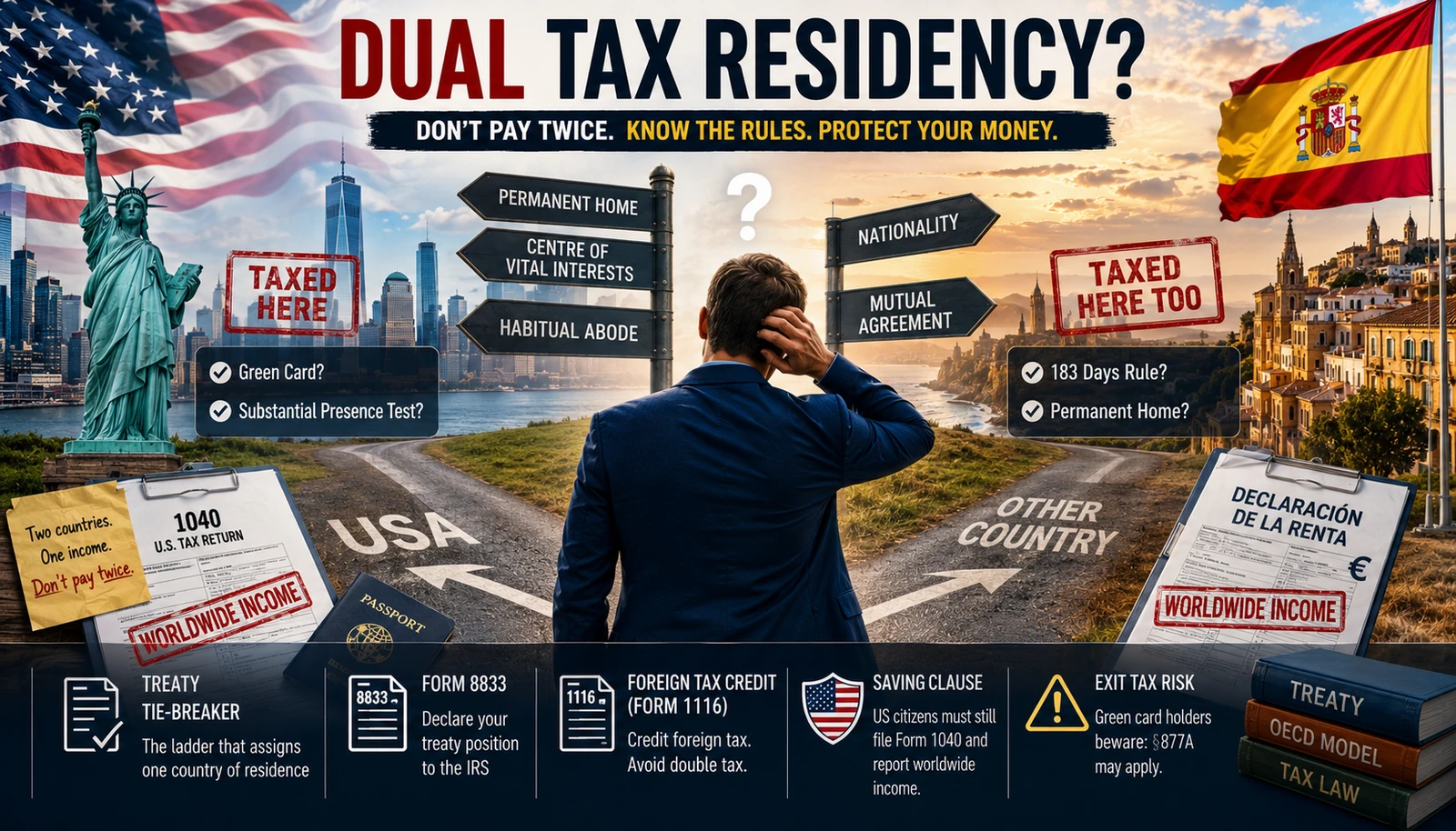 Infographic: US dual tax residency 2026 — the treaty tie-breaker ladder (permanent home → centre of vital interests → habitual abode → nationality), Form 8833, foreign tax credit, and the saving clause