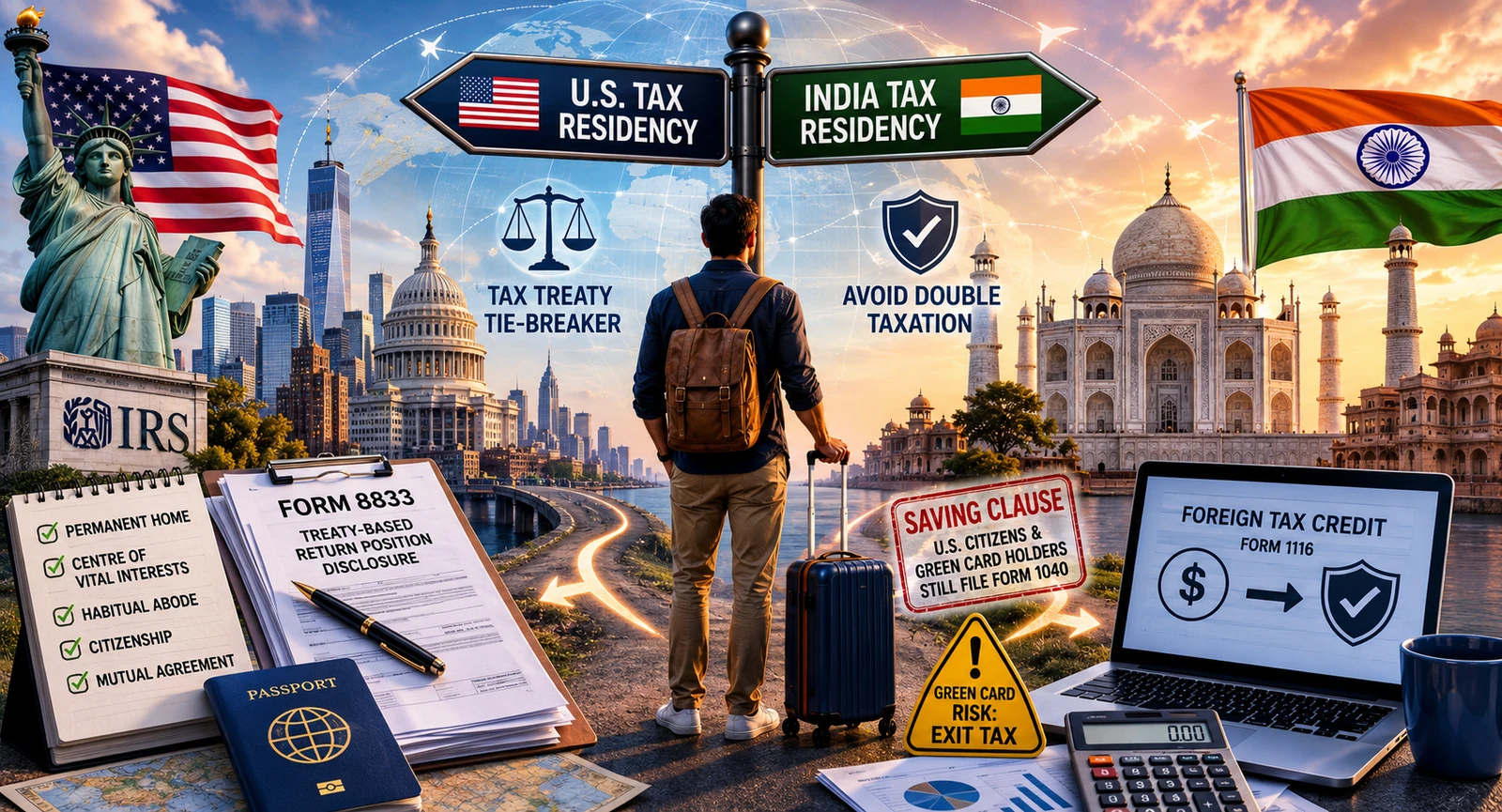 इन्फ़ोग्राफ़िक: अमेरिका दोहरी टैक्स रेजिडेंसी 2026 — tie-breaker सीढ़ी (स्थायी घर → महत्वपूर्ण हितों का केंद्र → अभ्यस्त निवास → नागरिकता), फ़ॉर्म 8833, foreign tax credit और saving clause