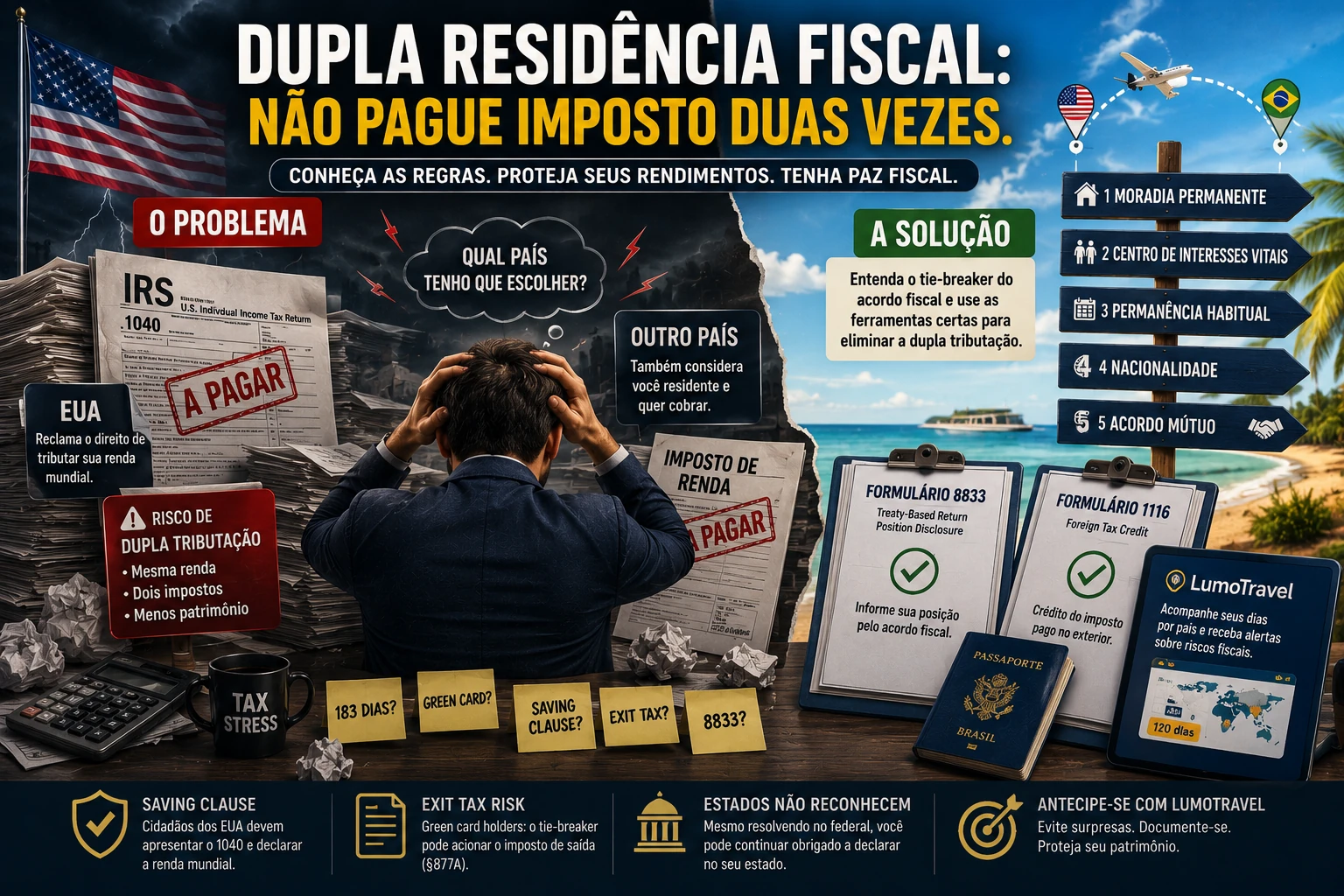Infográfico: dupla residência fiscal EUA 2026 — a escada do tie-breaker (moradia permanente → centro de interesses vitais → permanência habitual → nacionalidade), formulário 8833, foreign tax credit e saving clause