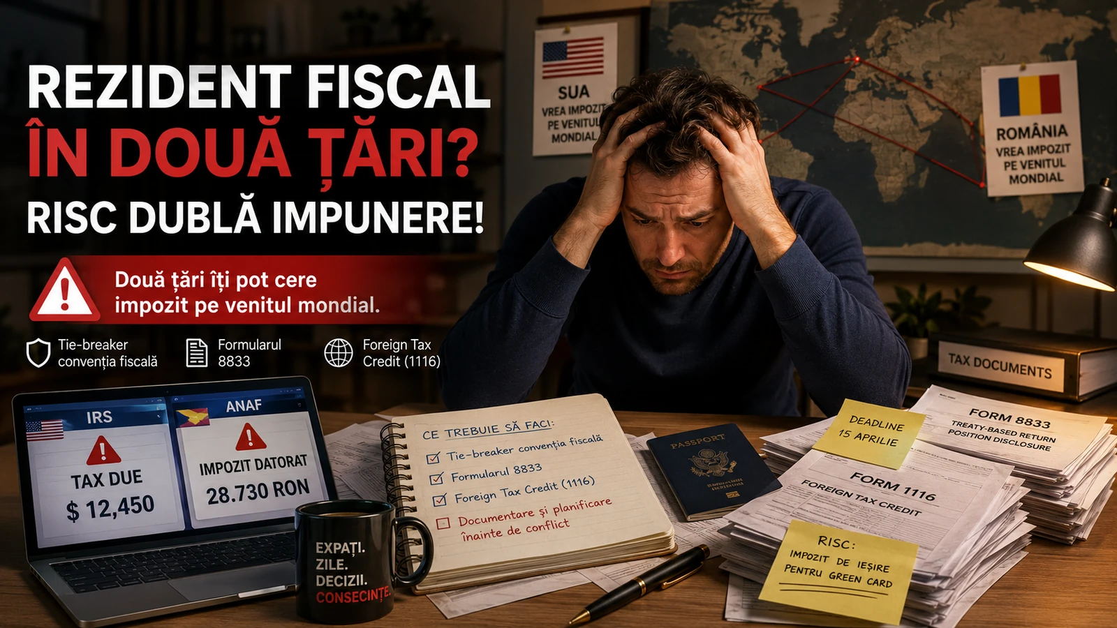 Infografic: dublă rezidență fiscală SUA 2026 — scara tie-breaker (locuință permanentă → centrul intereselor vitale → loc de ședere obișnuit → cetățenie), formularul 8833, foreign tax credit și saving clause