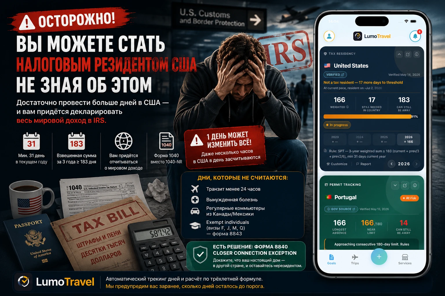 Как случайно стать налоговым резидентом США: формула трёх лет, какие дни не считаются и closer connection exception (форма 8840). Гид 2026.
