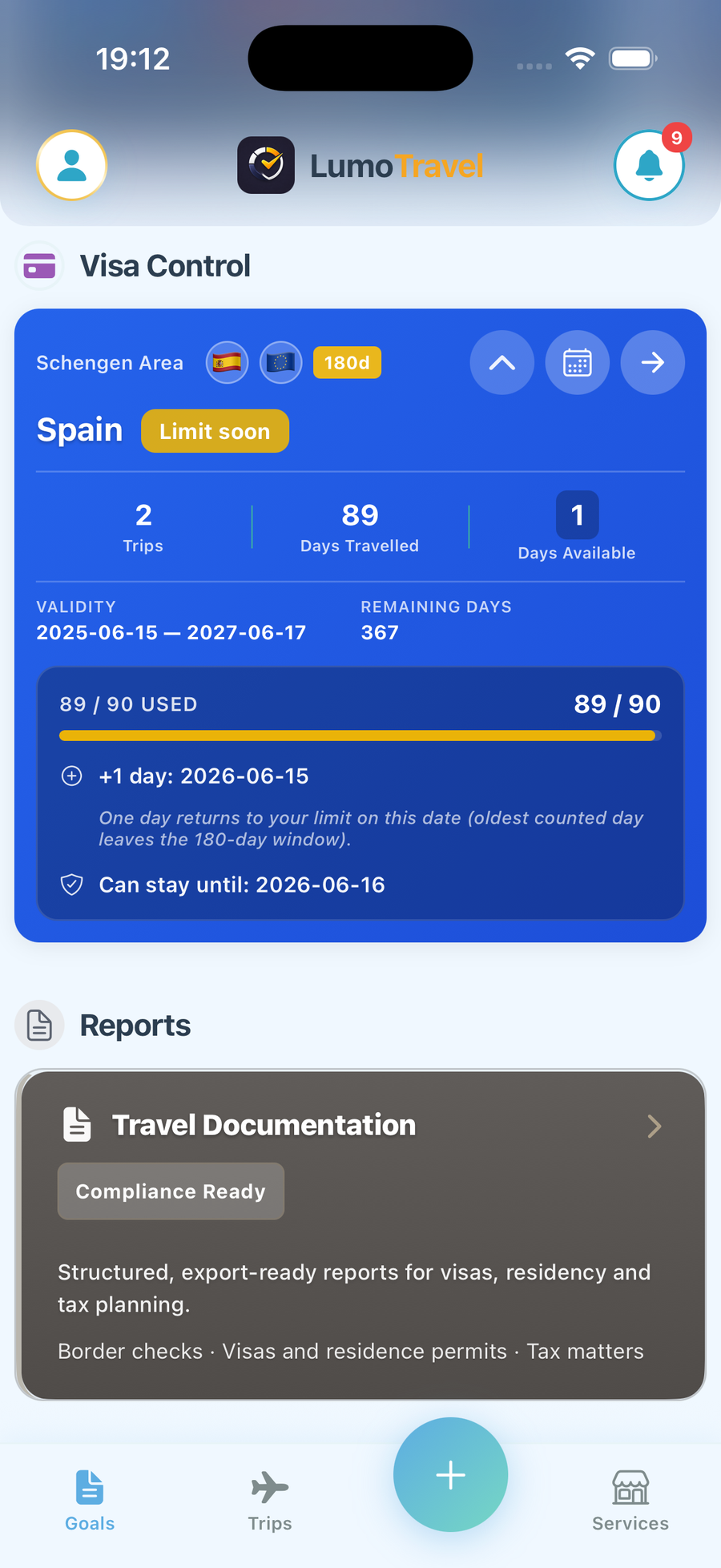 LumoTravel Schengen 90/180 calculator — Spain visa days limit soon