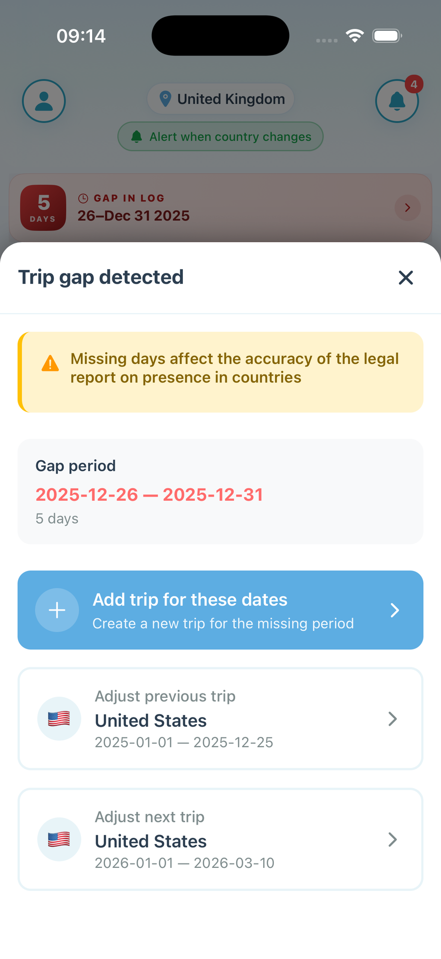 LumoTravel trip gap detection — fix missing days in travel history