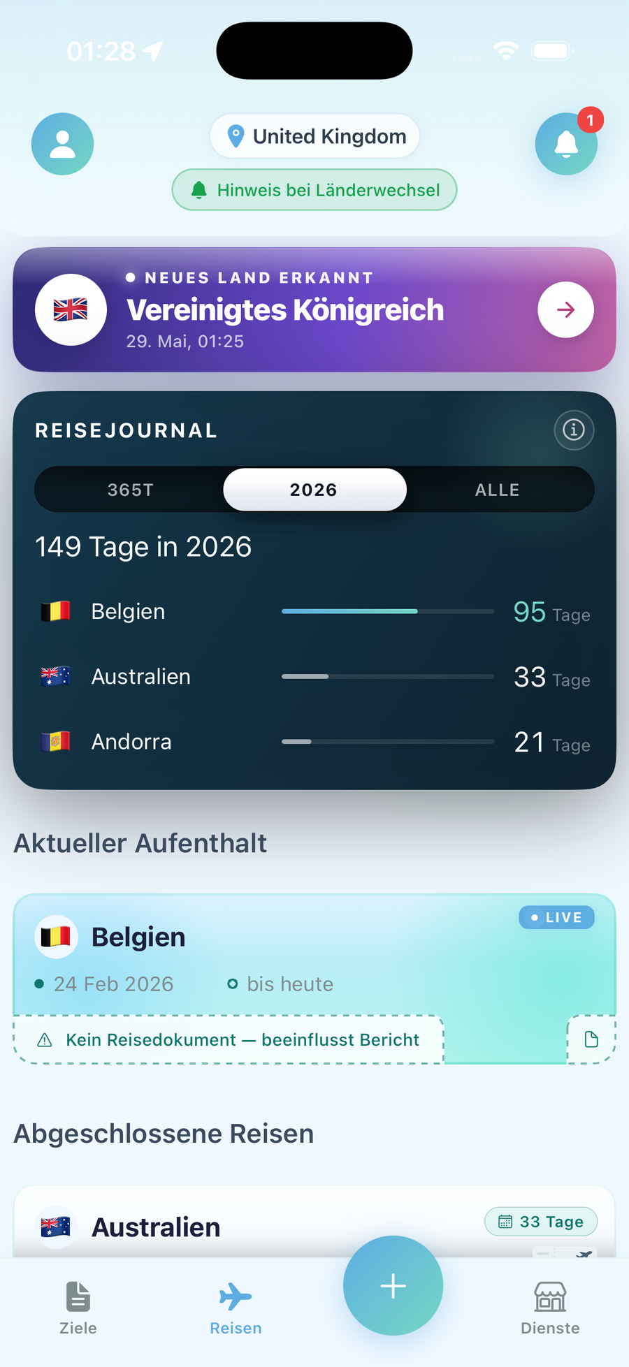 Lumo-Travel-App-Bildschirm mit Erfassung der Aufenthaltstage und Compliance-Status