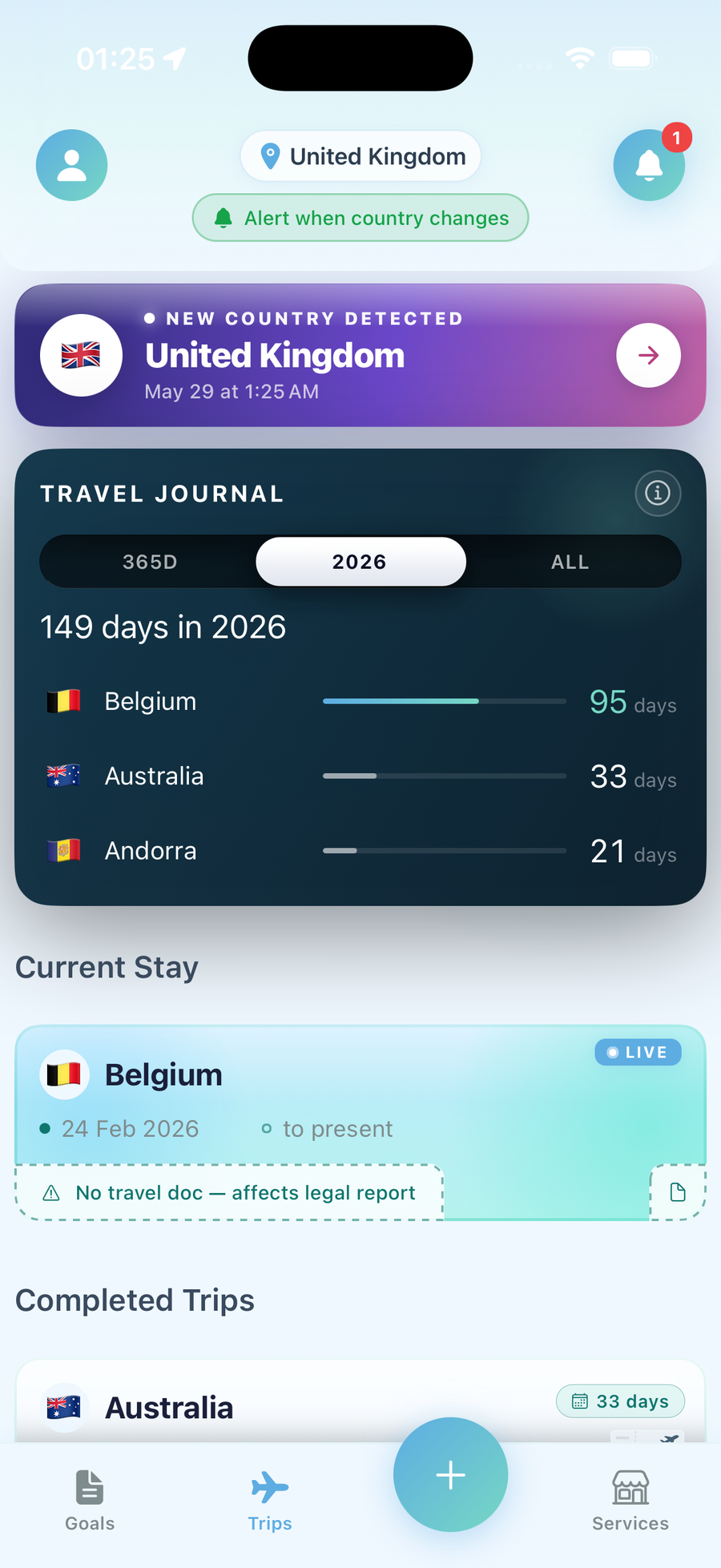 LumoTravel app screen tracking days of presence and compliance status