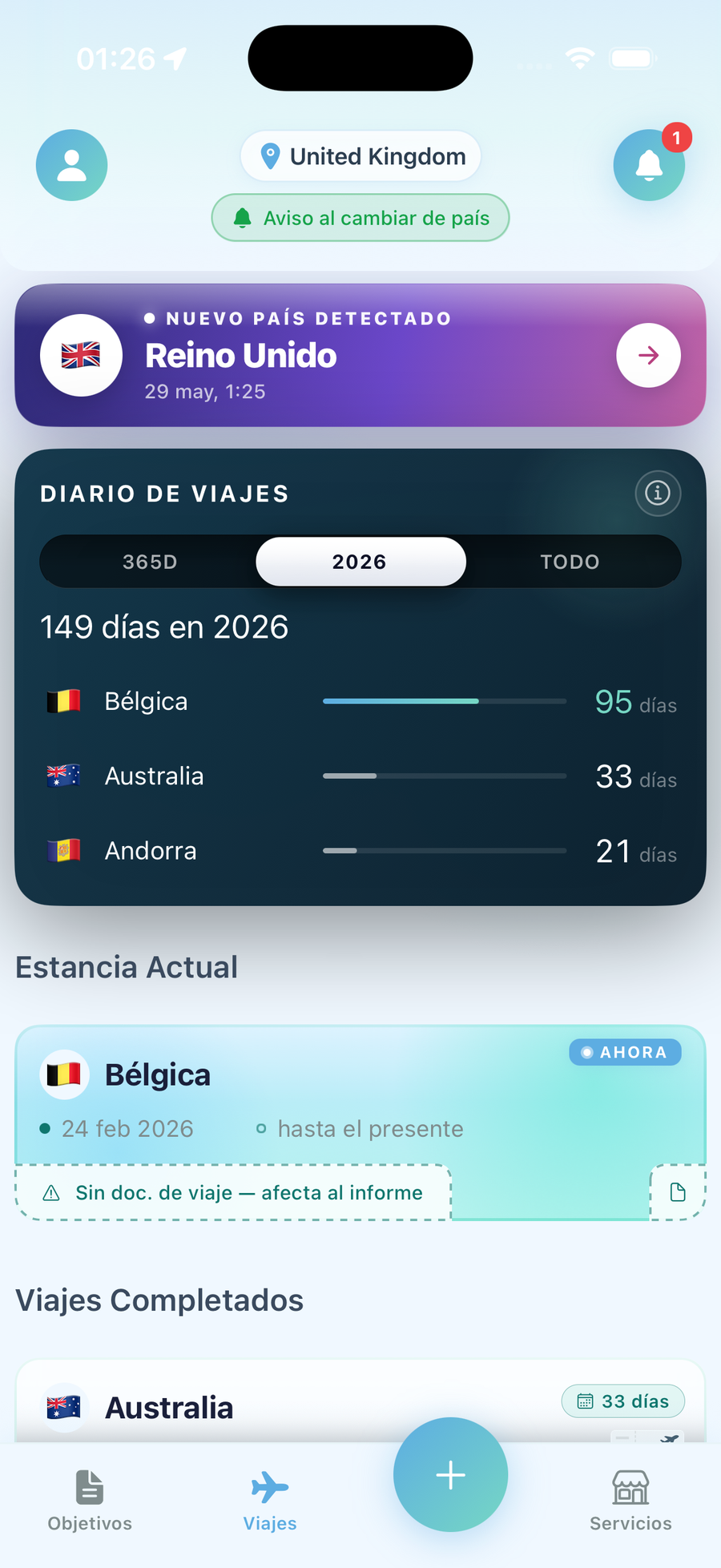 Pantalla de la app LumoTravel con seguimiento de días de presencia y estado de cumplimiento