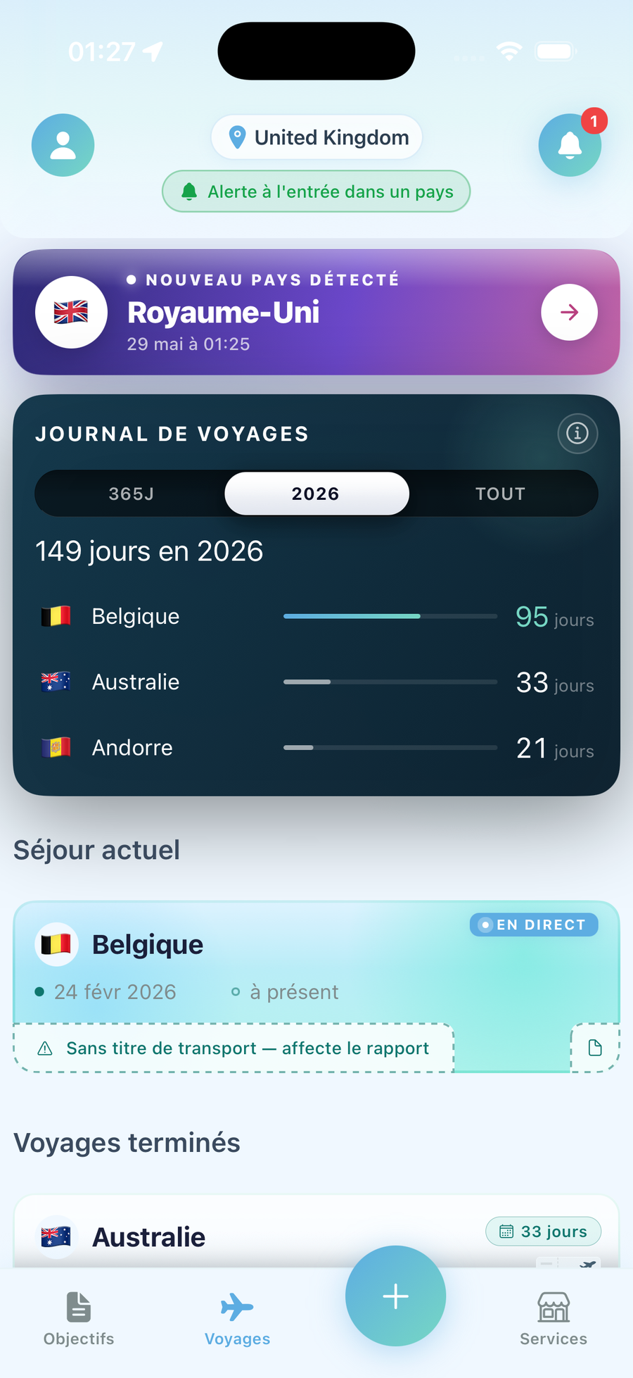 Écran de l’app LumoTravel suivant les jours de présence et le statut de conformité