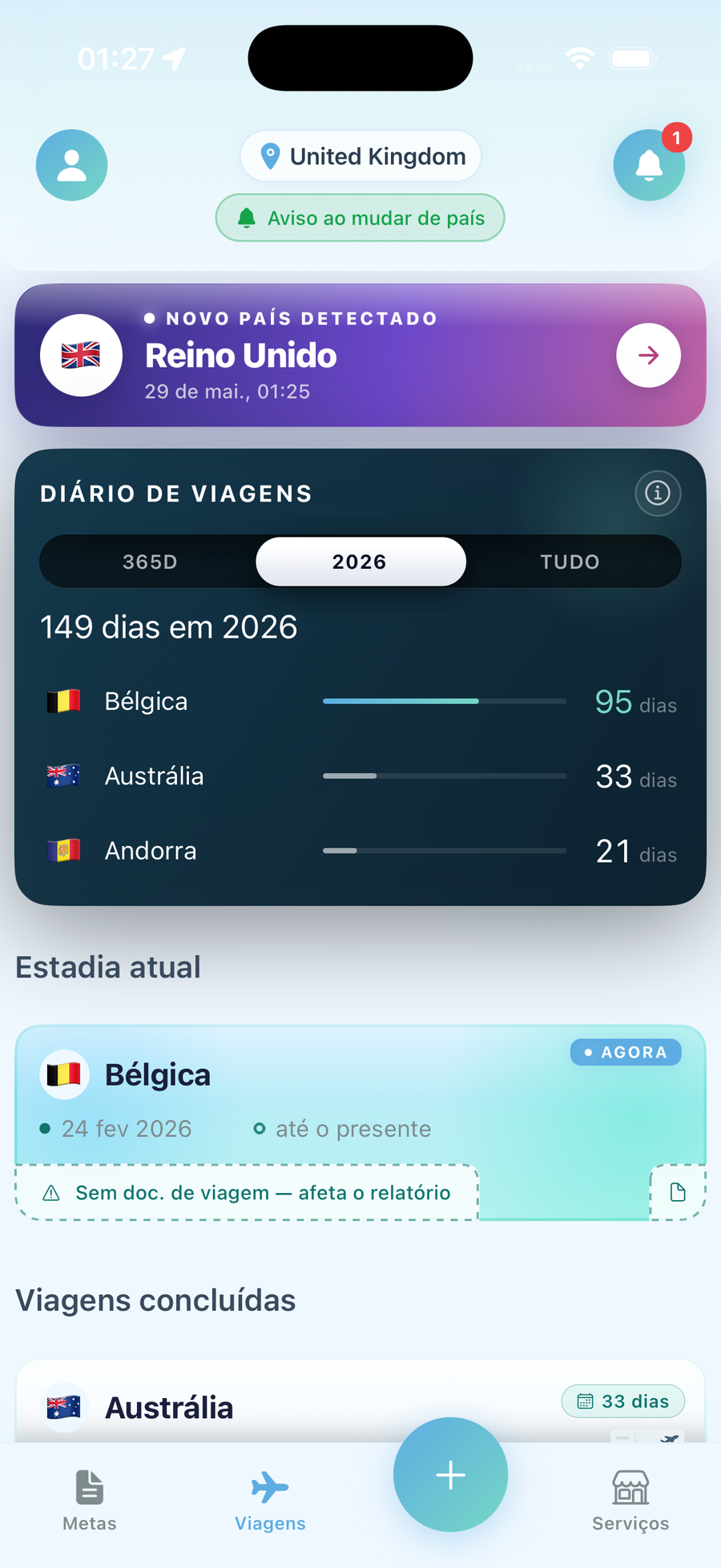 Tela do app LumoTravel acompanhando dias de presença e status de conformidade