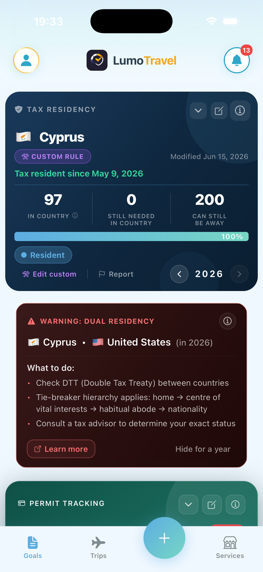 LumoTravel tax residency screen showing day countdown for a country